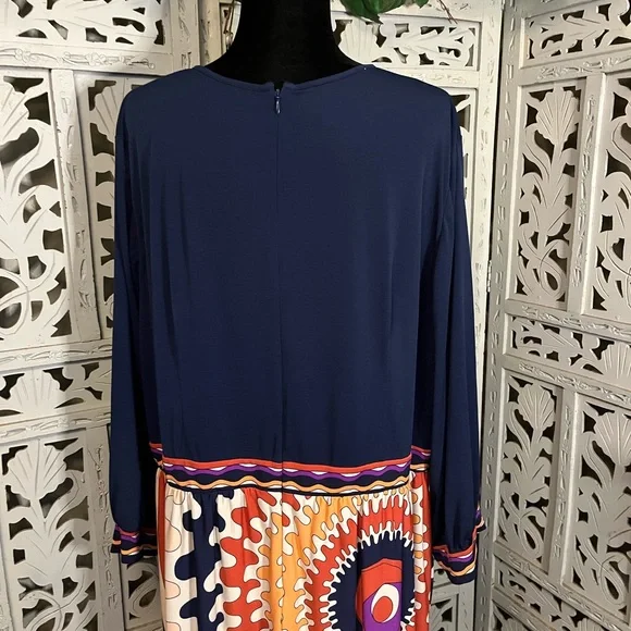 DONNA MORGAN NICE NAVY BLUE WITH GROOVY MULTICOLORS LONG SLEEVE MAXI DRESS - Picture 8 of 11